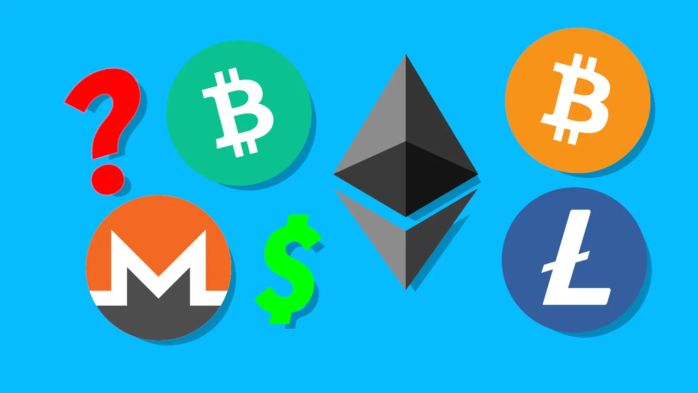 ethereum, monero, bitcoin, bitcoin cash and litecoin logos on a blue background with a question mark and a dollar sign to represent the confusion many have when trying to understand cryptocurrency, specifically all the different types and wallets.