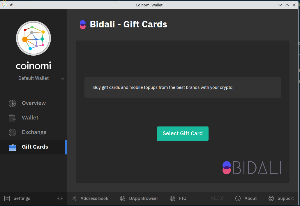 Coinomi Gift Card Purchase Screen